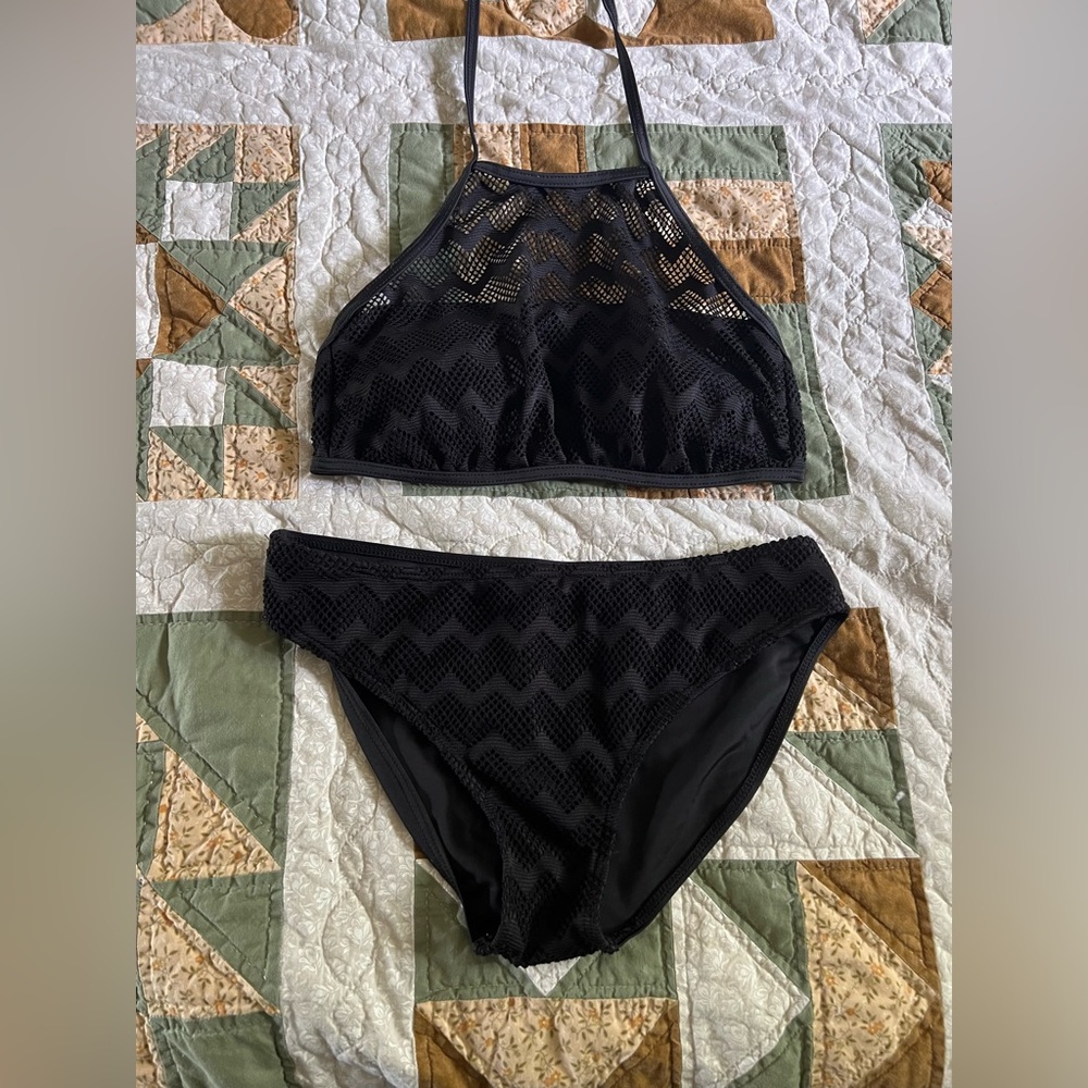 Black mesh high neck bikini set